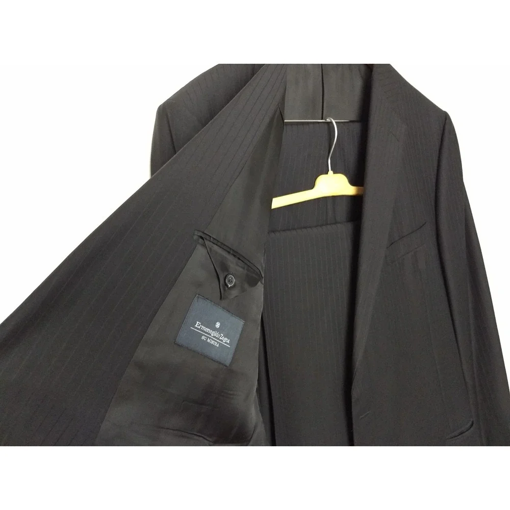Ermenegildo Zegna Su Misura Suit 52R Black Tonal Stripe Wool Cashmere 41x30 Pnts